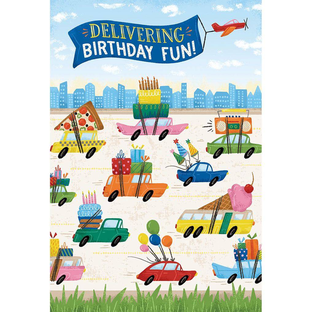 Colorful Pictura Racing Cars Birthday Card for son, featuring vibrant racing cars and playful design for kids' birthday celebrations.